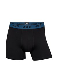 Schwarze Boxer-Briefs aus glattem Material mit einem blauen Bund, der das Logo 'JBS' trägt. Enthält einen konturierten Beutel und eine elastische Passform für zusätzlichen Komfort.