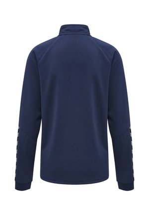 Veste bleu marine à manches longues en tissu texturé, col montant et motif chevrons sur les manches extérieures, vue de dos.