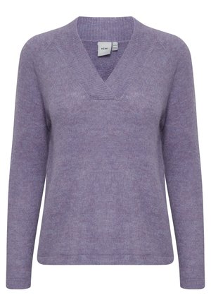V-veida, garu piedurkņu džemperis gaiši violetā krāsā. Mīksta, teksturēta auduma sajūta ar brīvu piegriezumu un smalku melnā un baltā krāsā svītrojumu.
