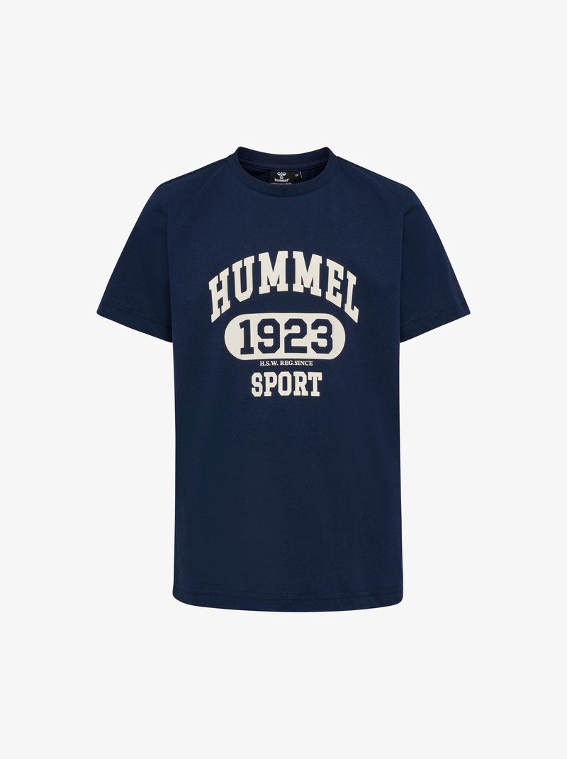 Granatowa bawełniana koszulka z grafiką w kolorze kremowym z napisem "HUMMEL 1923 SPORT". Klasyczny okrągły dekolt i krótkie rękawy.