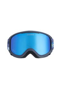 Hiihtolasit mustalla kehyksellä, sinisillä peililinssillä, tekstiilityylisillä sinisillä yksityiskohdilla hihnassa ja pehmeällä vaahtomuovilla mukavuutta varten.