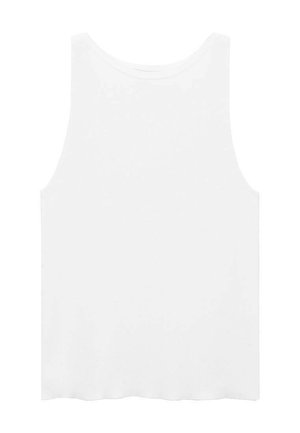T-shirt sans manches blanc en tissu lisse, avec un col rond et une coupe décontractée, sans motifs ni accents supplémentaires.