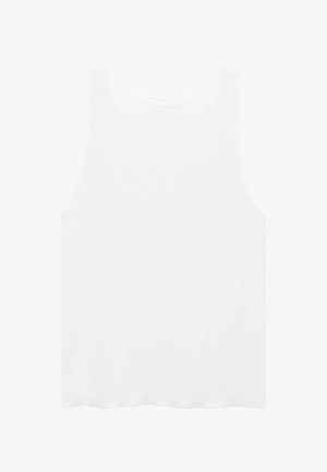 T-shirt sans manches blanc en tissu lisse, avec un col rond et une coupe décontractée, sans motifs ni accents supplémentaires.