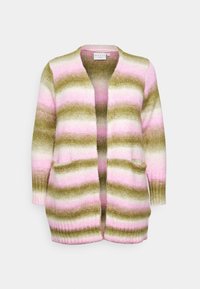 Cardigan en maille avec motifs à rayures verticales en rose, blanc et vert olive. Sans capuche, ouverture devant et deux poches avant.