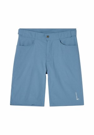 Blå herre casual shorts med frontknap, to sidelommer, bæltestropper og lille hvidt logo på venstre bens kant.