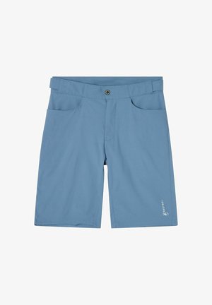 Blå herre casual shorts med frontknap, to sidelommer, bæltestropper og lille hvidt logo på venstre bens kant.