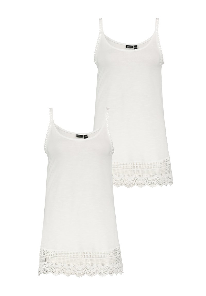 Weiße Tops ohne Ärmel mit dünnen Trägern, versehen mit einem Spitzenbesatz am unteren Rand und dekorativen Knöpfen an den Trägern. Set aus zwei Teilen.