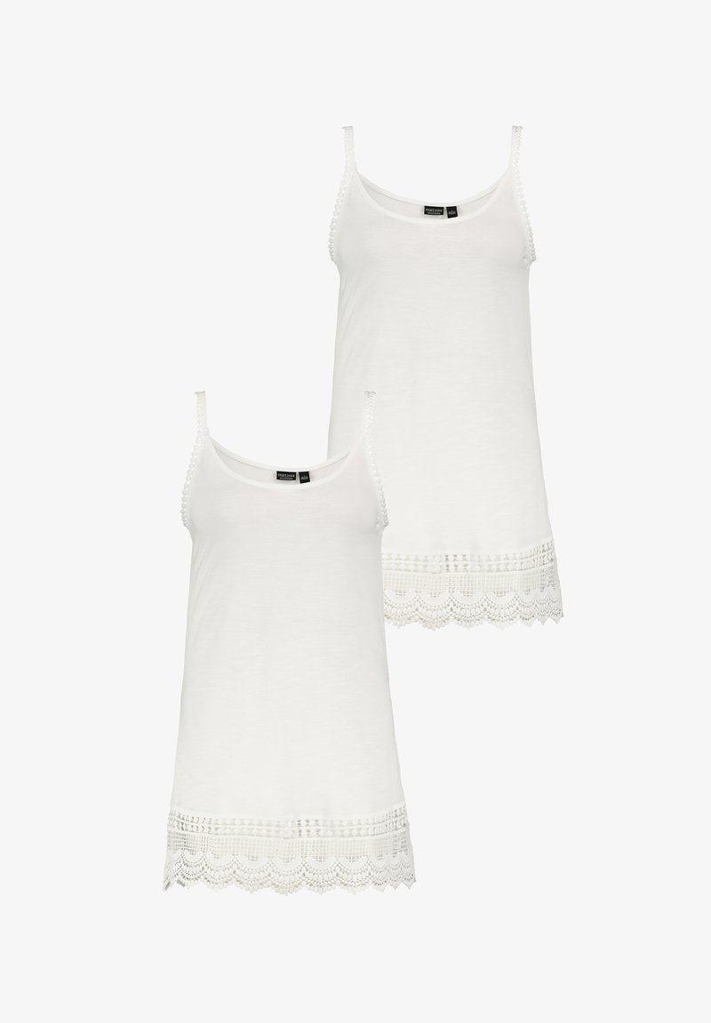 Weiße Tops ohne Ärmel mit dünnen Trägern, versehen mit einem Spitzenbesatz am unteren Rand und dekorativen Knöpfen an den Trägern. Set aus zwei Teilen.