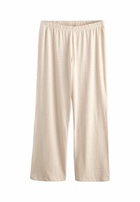 Hellbeige Hosen mit dünnen horizontalen Streifen. Hergestellt aus weichem Stoff, ausgestattet mit einem elastischen Bund und einer lockeren Passform, mit geradem Bein.