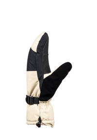 Isolierte Handschuhe mit einem cremefarbenen und schwarzen Design, ausgestattet mit einer strukturierten Außenseite, einem gerafften Handgelenk und einem verstellbaren Riemen für einen sicheren Sitz.
