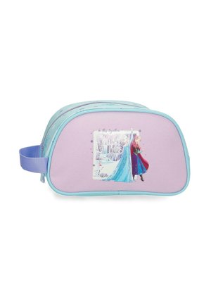 Pequeño neceser de lavanda y turquesa con asa lateral, con dos princesas animadas de temática invernal y fondo ilustrado con nieve.
