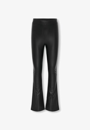 Sorte flared leggings lavet af skinnende, strækbart materiale. Har en bred talje og glat tekstur for komfort og fleksibilitet.