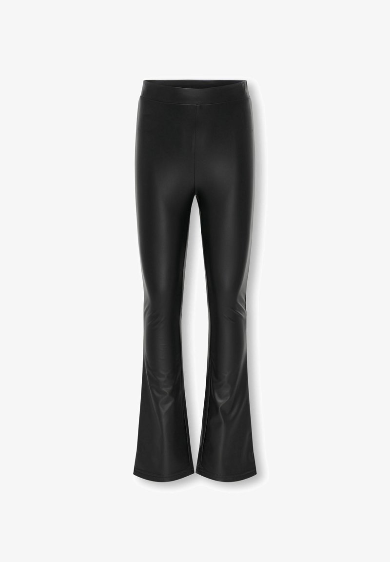 Sorte flared leggings lavet af skinnende, strækbart materiale. Har en bred talje og glat tekstur for komfort og fleksibilitet.