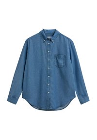 Denim shirt featuring a button-down collar, long sleeves, front pocket, and a curved hem. Color: medium blue with a smooth texture.