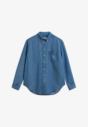 Jeanshemd mit Button-Down-Kragen, langen Ärmeln, Vordertasche und abgerundetem Saum. Farbe: Mittelblau mit glatter Textur.