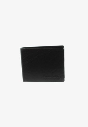 Black leather wallet with a smooth texture, bi-fold design, and embossed brand name. Features a compact shape for easy portability.