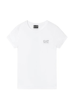 Bílé tričko s krátkým rukávem a kulatým výstřihem s malým šedým logem EA7 Emporio Armani na levé straně hrudi.