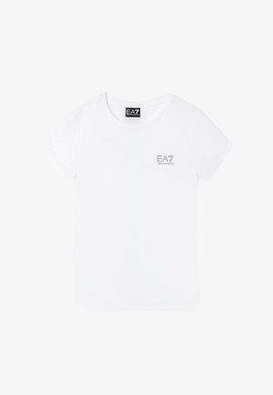 Bílé tričko s krátkým rukávem a kulatým výstřihem s malým šedým logem EA7 Emporio Armani na levé straně hrudi.
