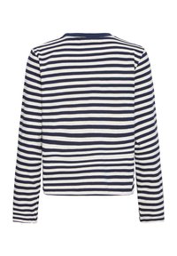 Pikad varrukad tumesinise ja valge triibuga top, millel on ümar kaelus ja sirge lõige ning sile puuvillane tekstuur.