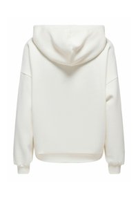 Hvit hettegenser med avslappet passform, droppede skuldre og ribbestrikkede mansjetter. Jevn tekstur uten synlige mønstre eller beslag.