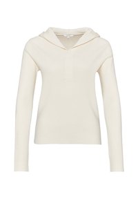 Felpa a maniche lunghe color crema con una texture a coste, patta frontale e vestibilità rilassata. Presenta un collo con cappuccio morbido e priva di motivi.