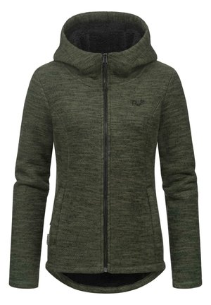 Olive green zip-up jacket with a hood. Textured fabric, soft inner lining, and high collar. Features two front pockets and subtle logo detail.
