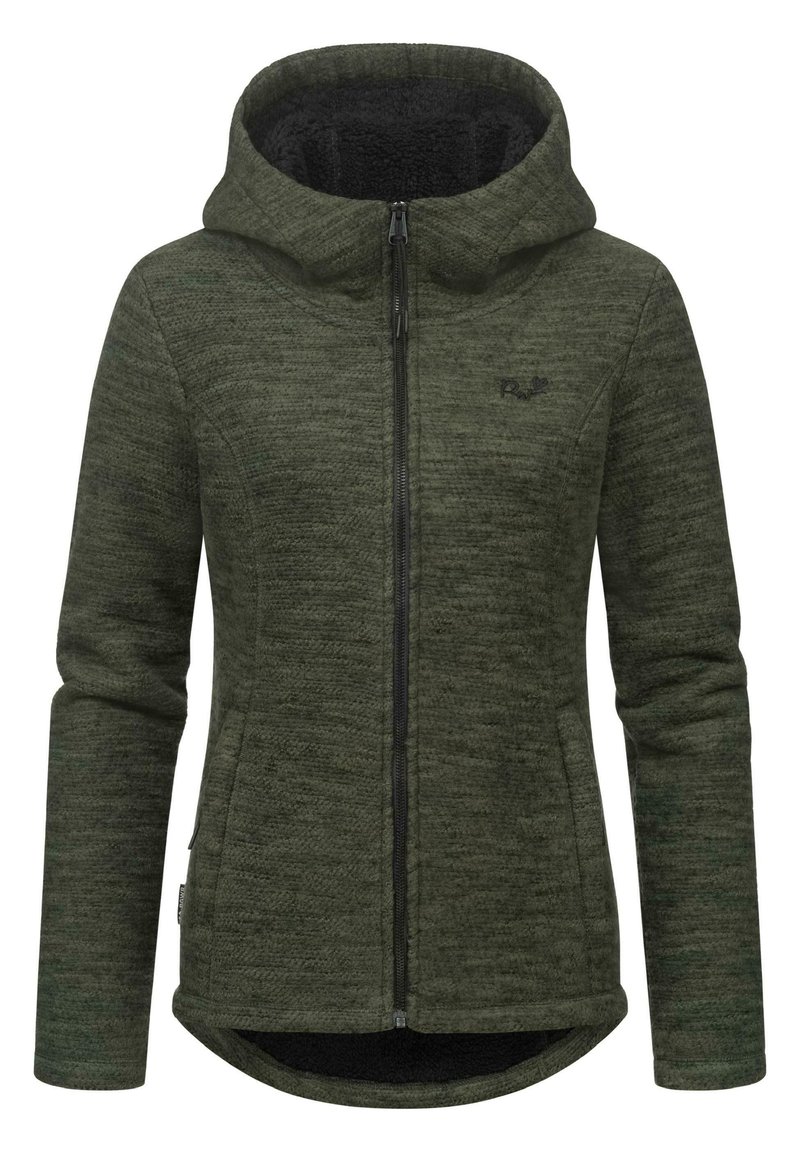 Alyvuogių žalios spalvos zip-up striukė su kapuce. Textūruotas audinys, minkšta vidinė pamušalas ir aukštas apykaklė. Yra dvi priekinės kišenės ir subtilus logotipo akcentas.