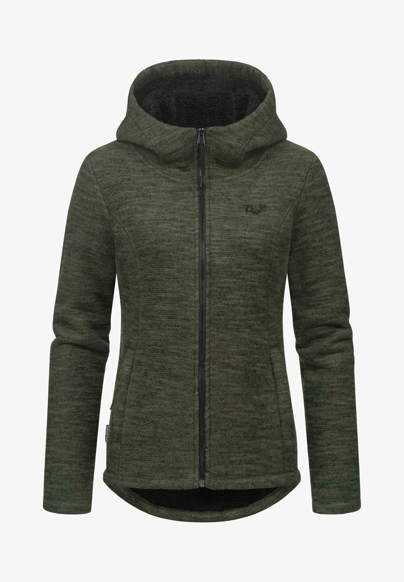 Oliwkowa kurtka zapinana na zamek z kapturem. Teksturowana tkanina, miękka podszewka i wysoki kołnierz. Posiada dwie przednie kieszenie i dyskretny detal z logo.