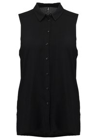 Chemise noire sans manches avec un devant à boutons, un col et une poche poitrine unique. Confectionnée en tissu lisse avec une coupe décontractée.