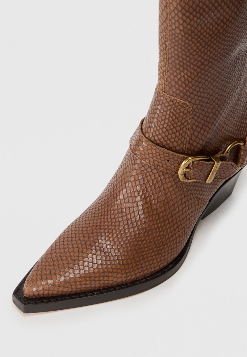 Braune spitze Knöchelstiefel mit strukturiertem Schlangenmuster und goldener Schnalle auf der schwarzen Sohle vor weißem Hintergrund.