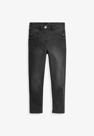 Jeans de mezclilla negra con corte slim. Cuenta con cierre de botón, cintura elástica, cinco bolsillos y detalles de costura mínimos.