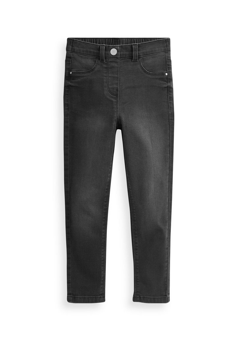 Jeans in denim nero con vestibilità slim. Presentano una chiusura con bottone, una vita elasticizzata, cinque tasche e dettagli di cucitura minimi.