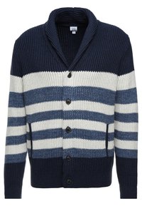 Marineblau-weiß gestreifter Cardigan mit gerippter Textur, Schalkragen, fünf Knöpfen und kontrastierenden Bündchen.