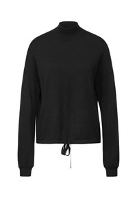 Schwarzer Pullover mit langen Ärmeln, hohem Kragen, lockerer Passform und Kordelzugsaum. Weicher Stoff, minimalistisches Design und keine sichtbaren Muster.