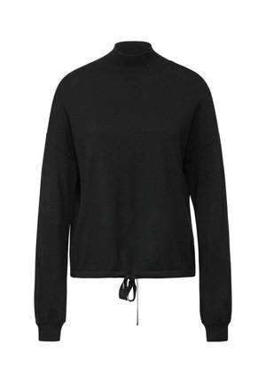 Schwarzer Pullover mit langen Ärmeln, hohem Kragen, lockerer Passform und Kordelzugsaum. Weicher Stoff, minimalistisches Design und keine sichtbaren Muster.
