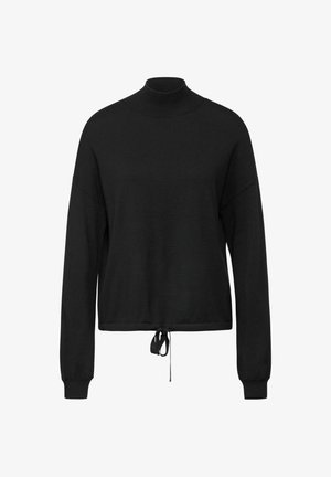 Maglione nero a maniche lunghe con collo alto, vestibilità comoda e orlo con cordino. Texture morbida, design minimalista e senza pattern visibili.
