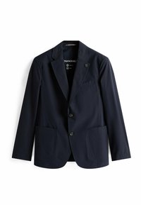 Blazer blu navy impacchettabile in tessuto leggero. Presenta un colletto con rever, due tasche frontali e una tasca sul petto. Chiusura con due bottoni.