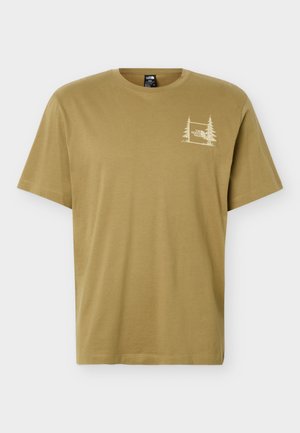 Olivově zelené tričko s krátkým rukávem a kulatým výstřihem, na hrudi malé bílé grafické znázornění dvou borovic a logo "The North Face".