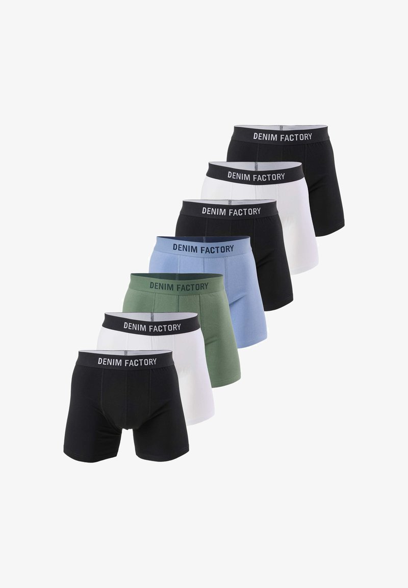 Lot de boxers en noir, blanc, vert et bleu clair. Fabriqués en matière douce avec une ceinture élastique logo.
