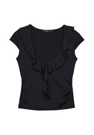Zwart t-shirt met korte mouwen, een diepe V-hals en ruffles aan de voorkant. Glad materiaal met ruches aan de zijkanten.