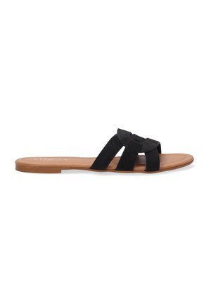 Black suede slide sandal med tre tværstriber i designet og en tan gummisål med en glat finish.