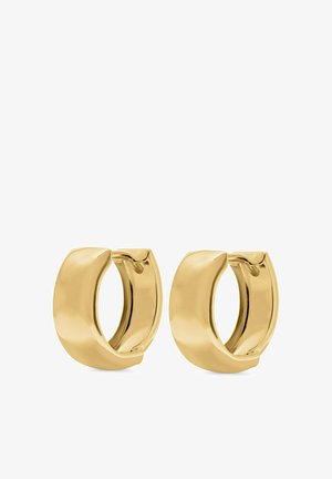 Gouden hoepel oorbellen met een glad, rond oppervlak, gekenmerkt door een naadloos ontwerp en een gepolijste textuur.