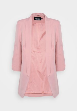 Blazer femme rose clair à ouverture avant, manches trois-quarts et doublure intérieure lisse, étiquette "PIECES" taille S.