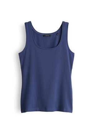 Marineblaues Tank-Top aus glattem Stoff, mit rundem Ausschnitt und breiten Schulterriemen, mit einem geraden Saum am unteren Rand.