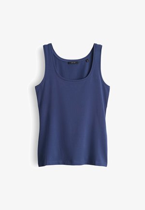 Débardeur bleu marine en tissu lisse, avec un col rond et de larges bretelles, et un ourlet droit en bas.