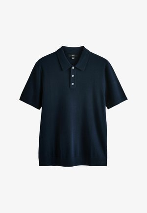 Marineblauw polo shirt met korte mouwen, gemaakt van gebreide stof, met een platte kraag, een drieknoopssluiting en ribgebreide manchetten en zoom.