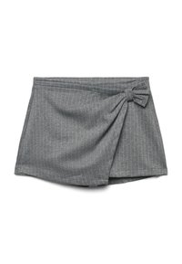 Minigonna in tessuto grigio con motivo a righe, dotata di un accento annodato sul lato sinistro e una consistenza liscia.