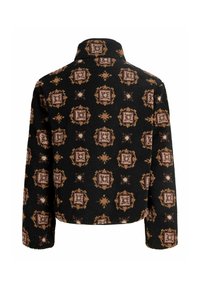 Giacca in pile nera con un motivo ornato dai toni caldi. Collo alto, maniche lunghe e design cropped. Tessuto morbido e texturizzato.