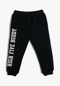 Zwarte sweatpants van katoen met een geribbelde tailleband en manchetten. Heeft witte "HIGH FIVE BUDDY" tekst gedrukt aan de zijkant.