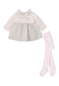 Vestido rosa con falda de patrón a cuadros, cuello con volantes y bordados florales. Incluye leotardos rosa a juego. Tejido suave, diseño elegante.
